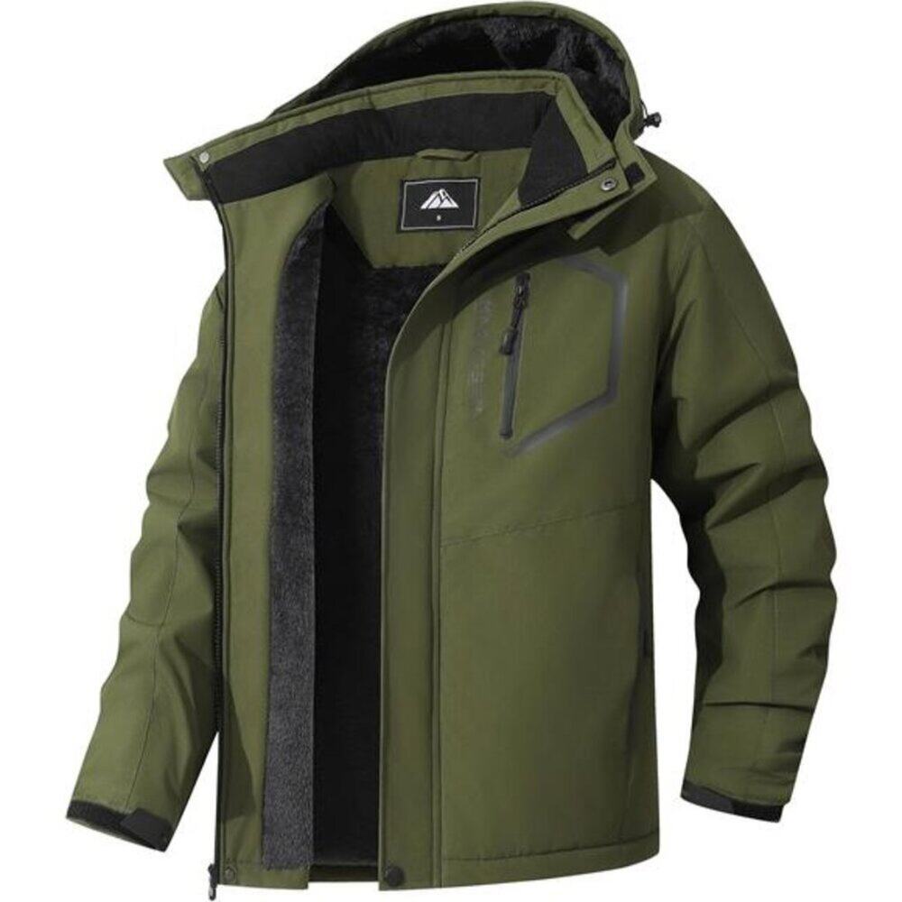 Men's Army Green Mountain Ski Jacket Winter Snow Coats Waterproof Fleece Hooded